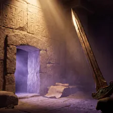 Espada de bronze erguida diante de uma porta de pedra egípcia, com luz violeta atravessando o umbral e um papiro caído no chão