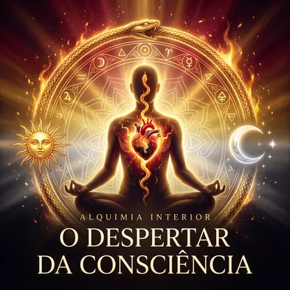 Capa do álbum O Despertar da Consciência: figura em meditação com o coração em transmutação, sobre fundo alquímico vermelho e ouro