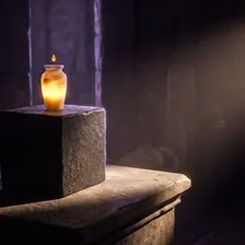 Vaso de alabastro sobre uma pedra cúbica, enchendo-se gota a gota de uma luz dourada que sobe de dentro dele, numa sala escura iluminada só por esse brilho