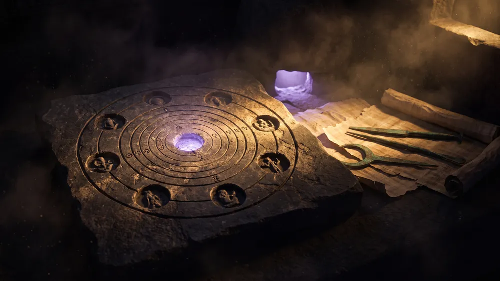 Disco de pedra esculpido com anéis concêntricos e sete células ao redor, cada uma com uma figura em relevo, iluminado por luz rasante e um brilho violeta vindo do centro