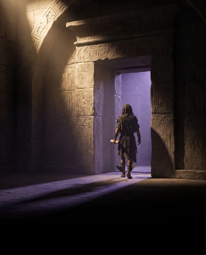 Mensageiro de sandálias aladas atravessando uma porta de pedra egípcia iluminada por luz violeta