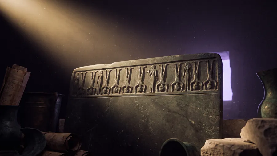 Placa de pedra ao estilo da Paleta de Narmer com uma fileira de figuras decapitadas em relevo, sob luz rasante numa sala escura